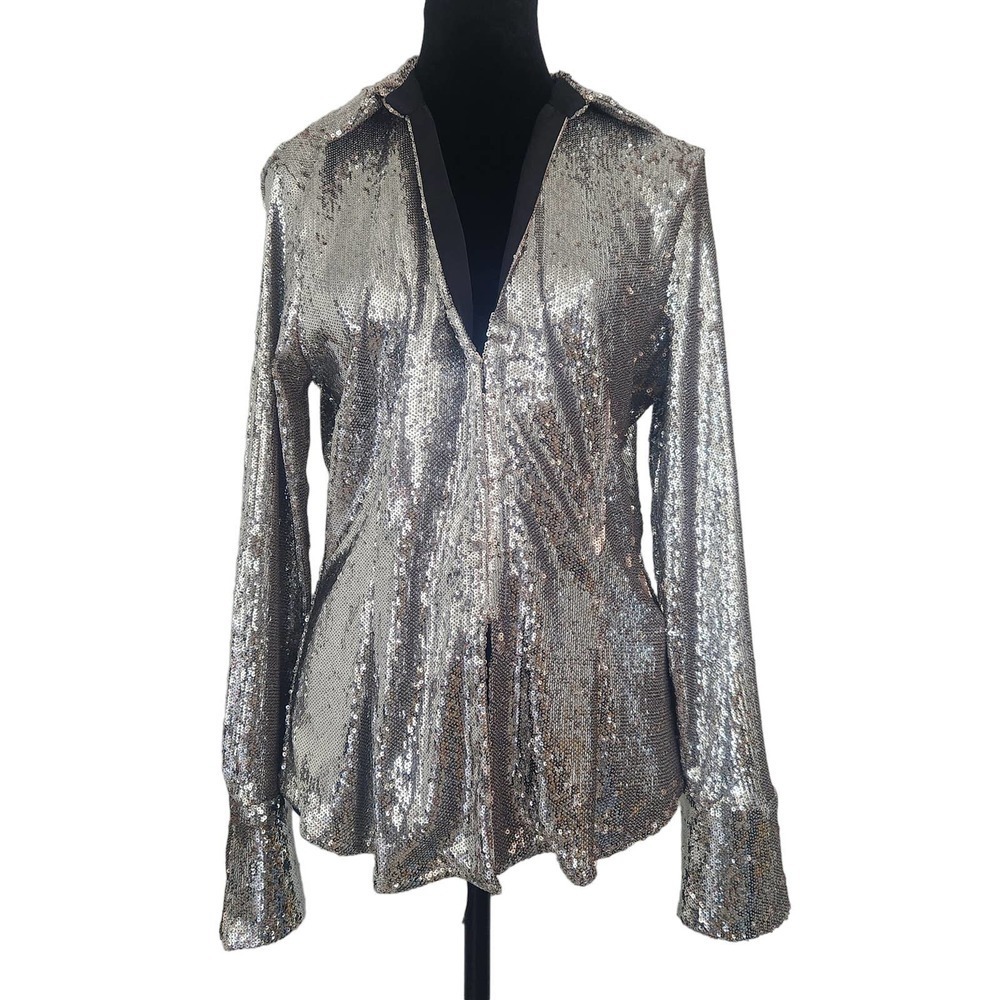 NWT Zara Long Sleeve Silver Sequin Shirt Size Large - Picture 3 of 9